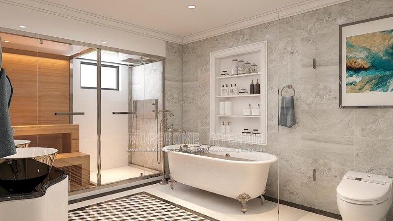 Đá ốp cao cấp, gạch lát nền giả cổ, bồn tắm trắng hoa văn cổ điển và vách tắm kính cường lực trong suốt đã góp phần tạo nên một không gian phòng tắm thông thoáng, đẹp mắt và sang trọng.